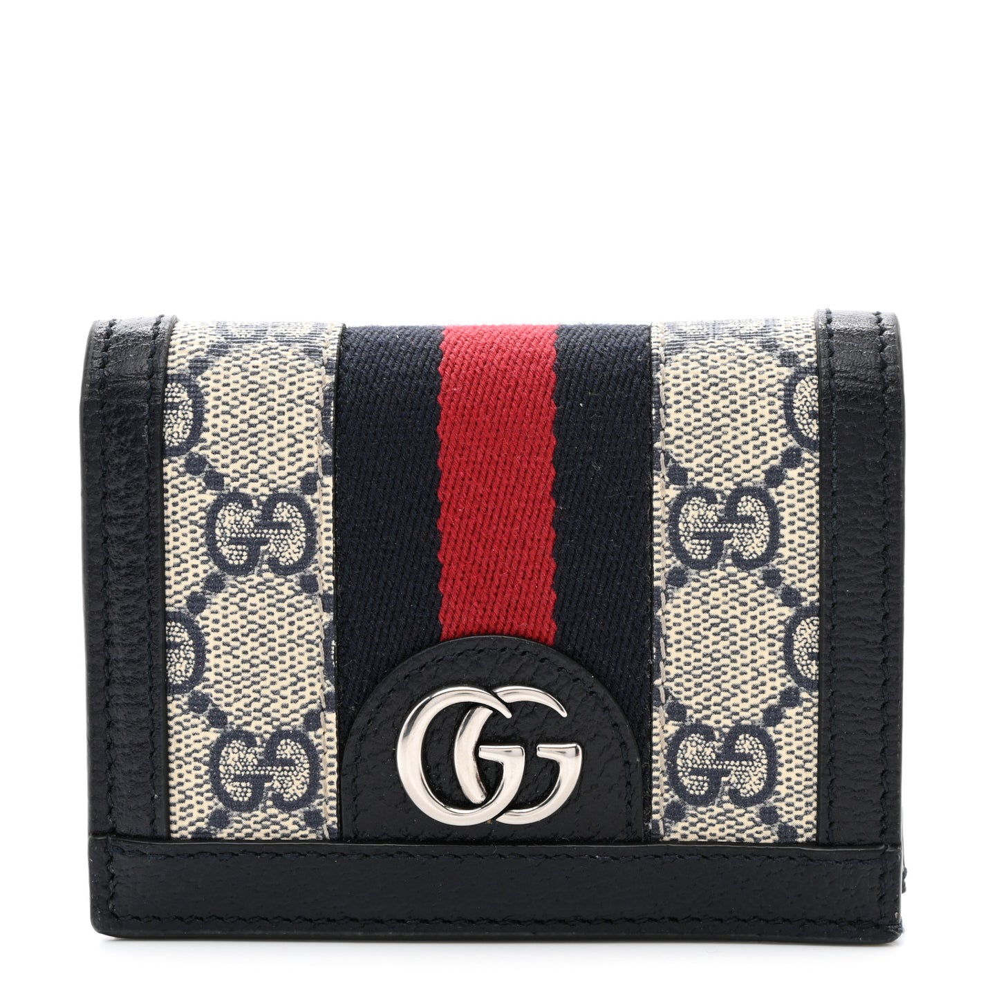 GG Supreme Monogram Textured Dollar Calfskin Web Ophidia Card Case Beige Blue