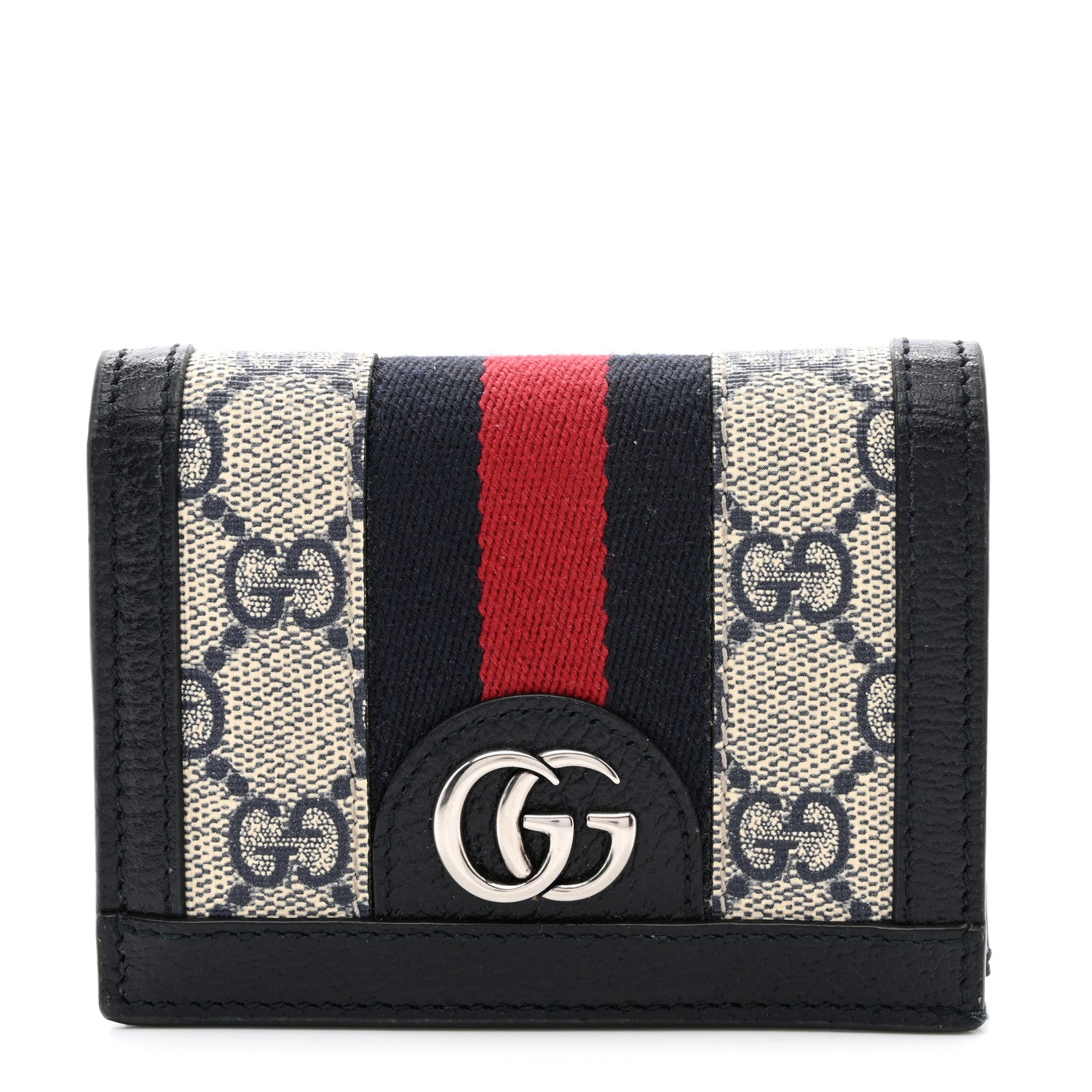 Gucci GG Supreme Monogram Textured Dollar Calfskin Web Ophidia Card Case Beige Blue 1 of 8