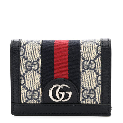Gucci GG Supreme Monogram Textured Dollar Calfskin Web Ophidia Card Case Beige Blue 1 of 8
