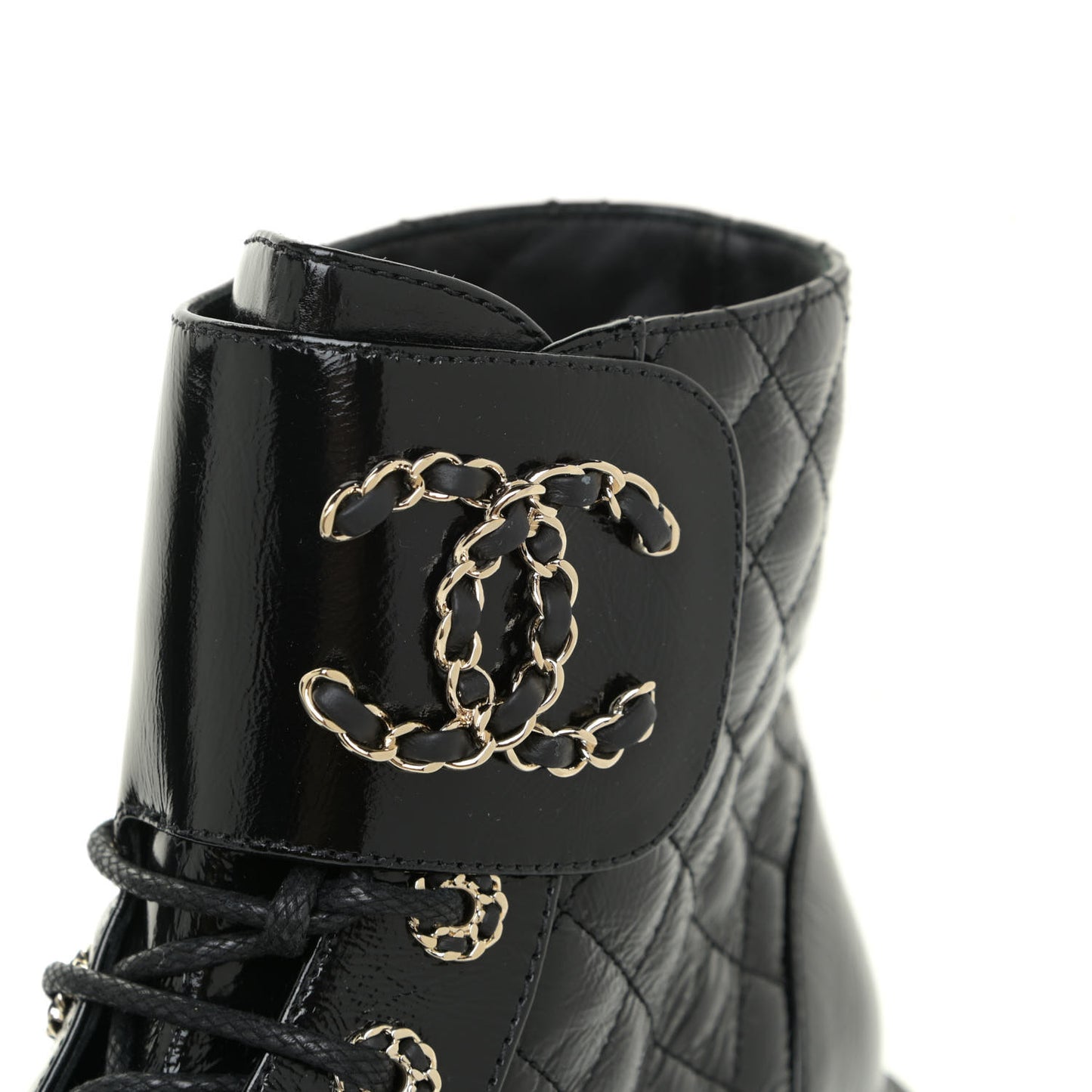 Shiny Calfskin Quilted Lace Up Combat Boots 37.5 Black