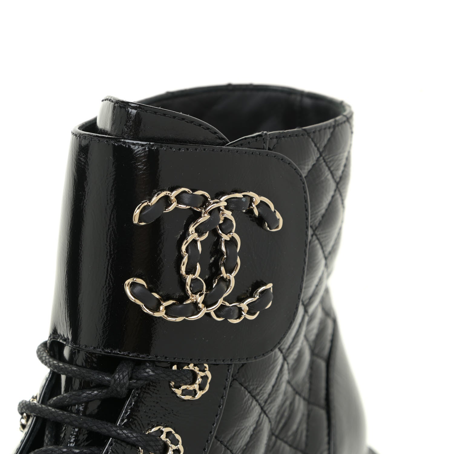 Chanel Shiny Calfskin Quilted Lace Up Combat Boots 37.5 Black 12 of 15