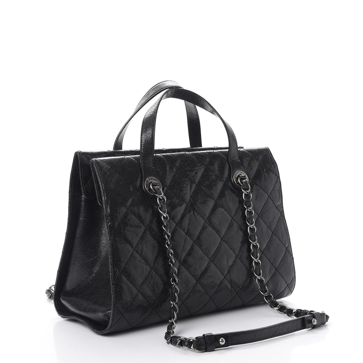 Crumpled Grained Calfskin Quilted CC Crave Tote Black