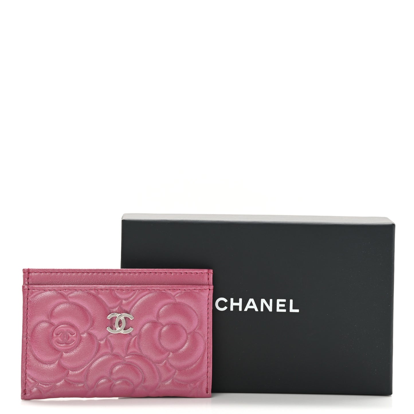 Lambskin Camellia Embossed Card Holder Fuchsia
