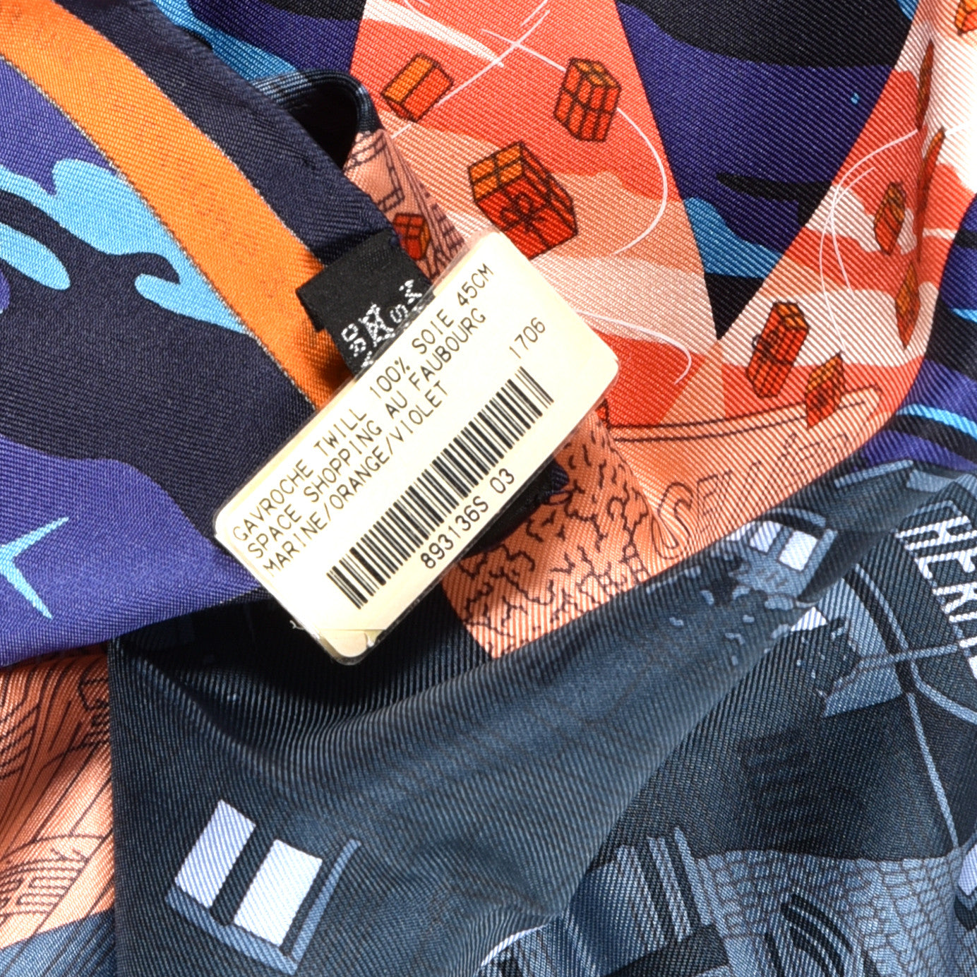 Hermes Silk Space Shopping Au Faubourg Pocket Square Marine Orange Violet 5 of 5