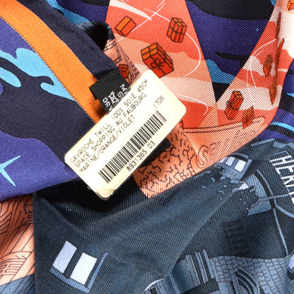 Hermes Silk Space Shopping Au Faubourg Pocket Square Marine Orange Violet 5 of 5