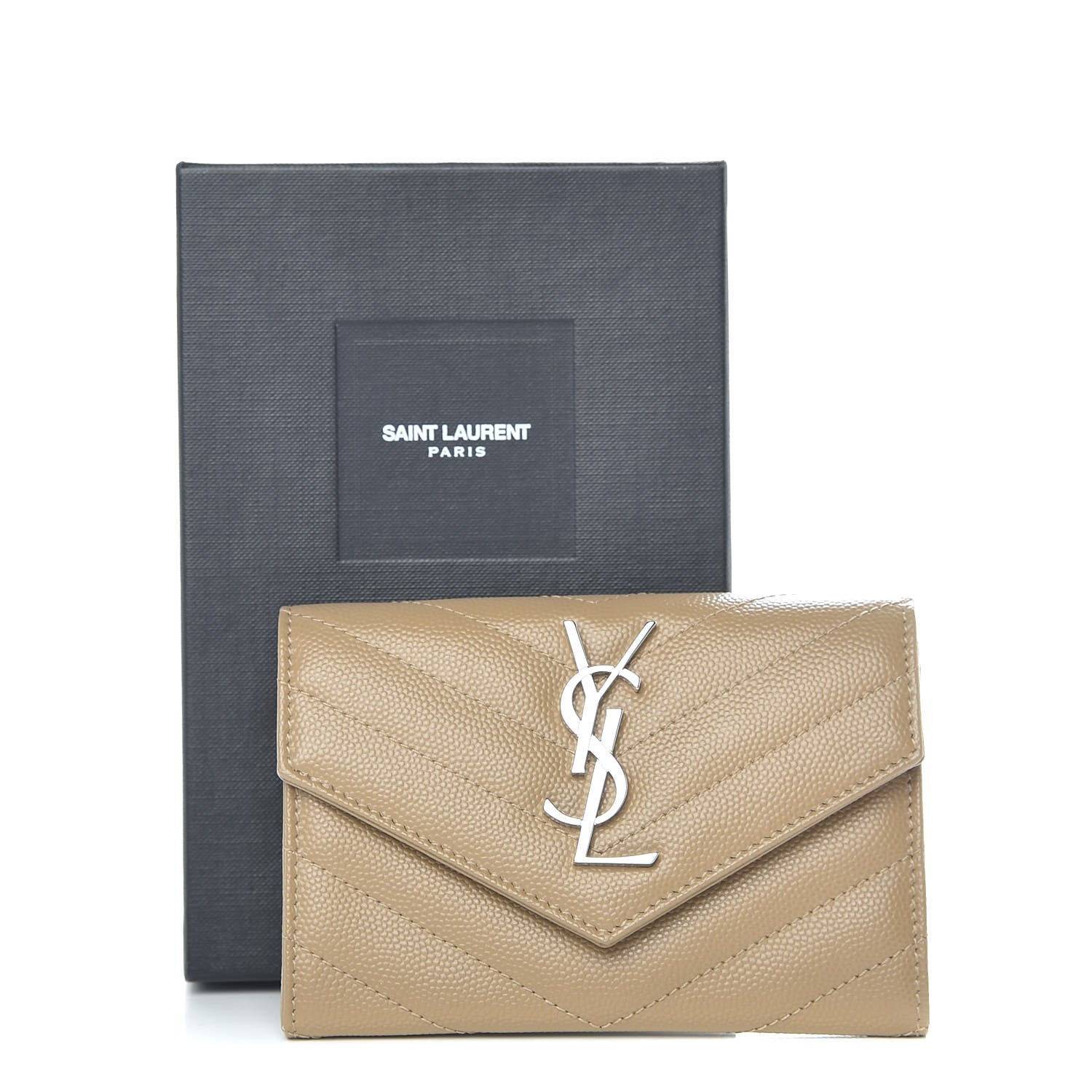 Saint Laurent Grain De Poudre Matelasse Chevron Small Monogram Envelope Wallet Dark Beige 11 of 11