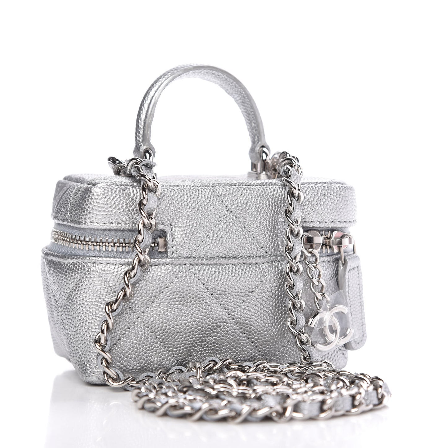 Metallic Caviar Quilted Mini Top Handle Vanity With Chain Silver