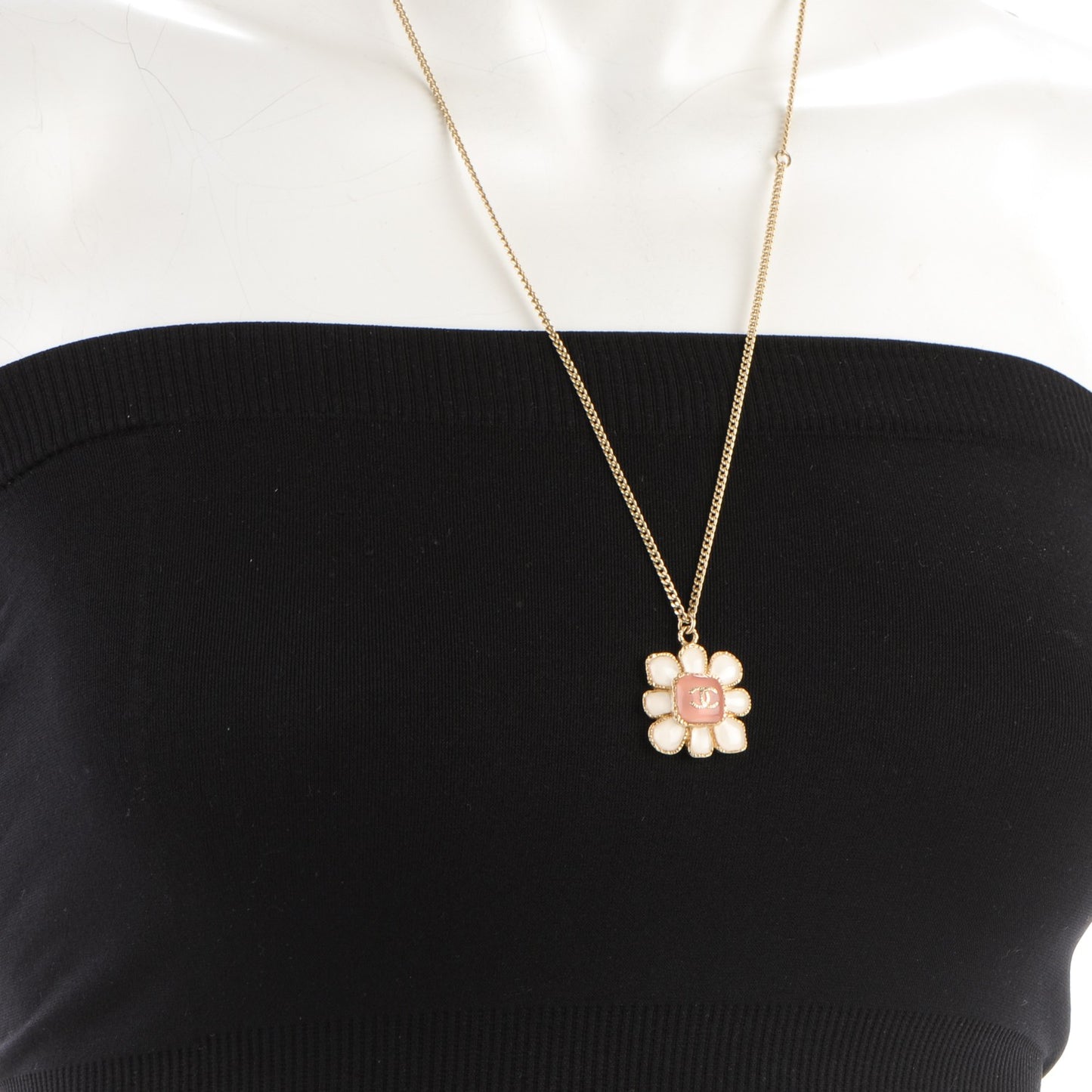 Gripoix Poured Glass CC Korean Blossom Pendant Necklace Pink Gold
