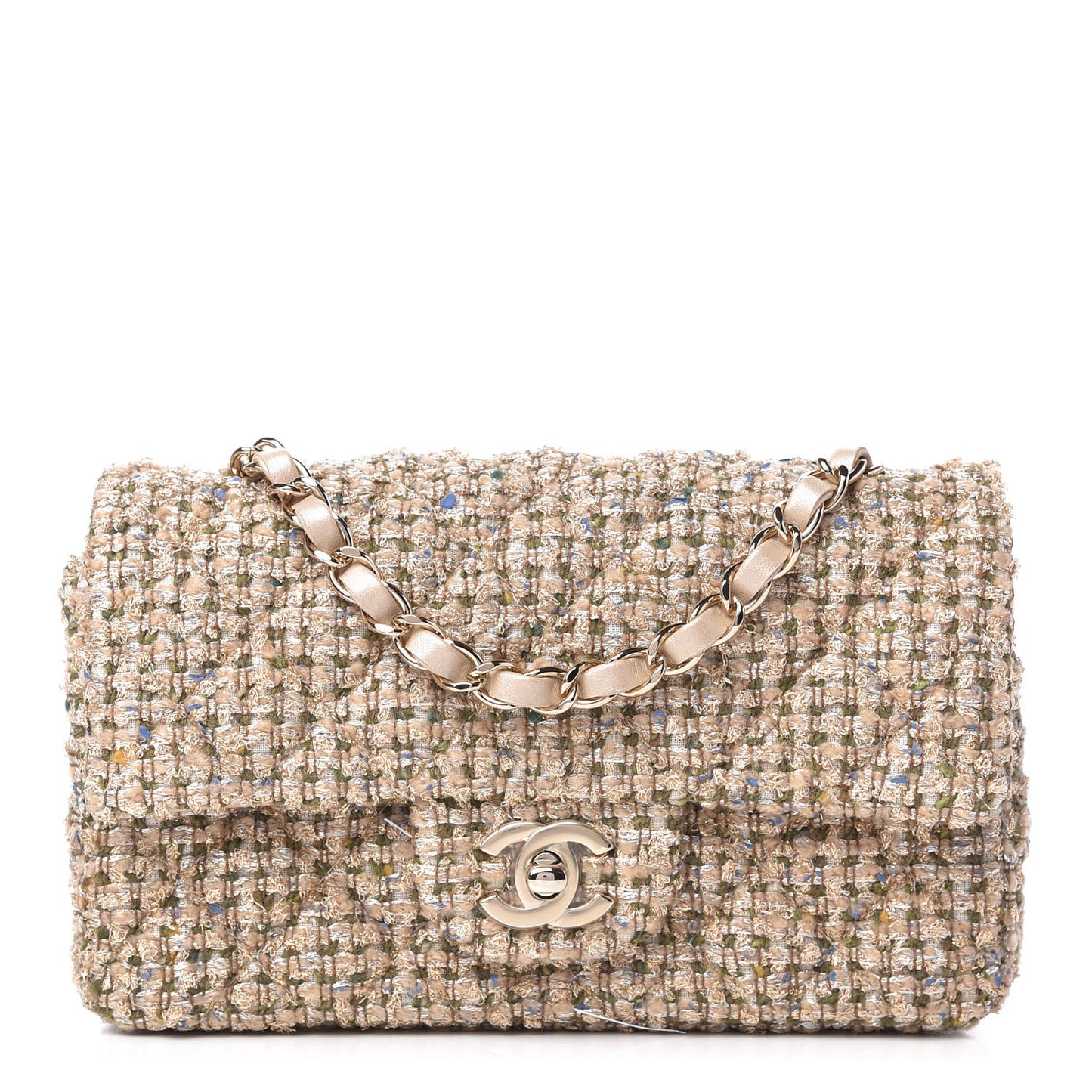Tweed Quilted Mini Rectangular Flap Beige