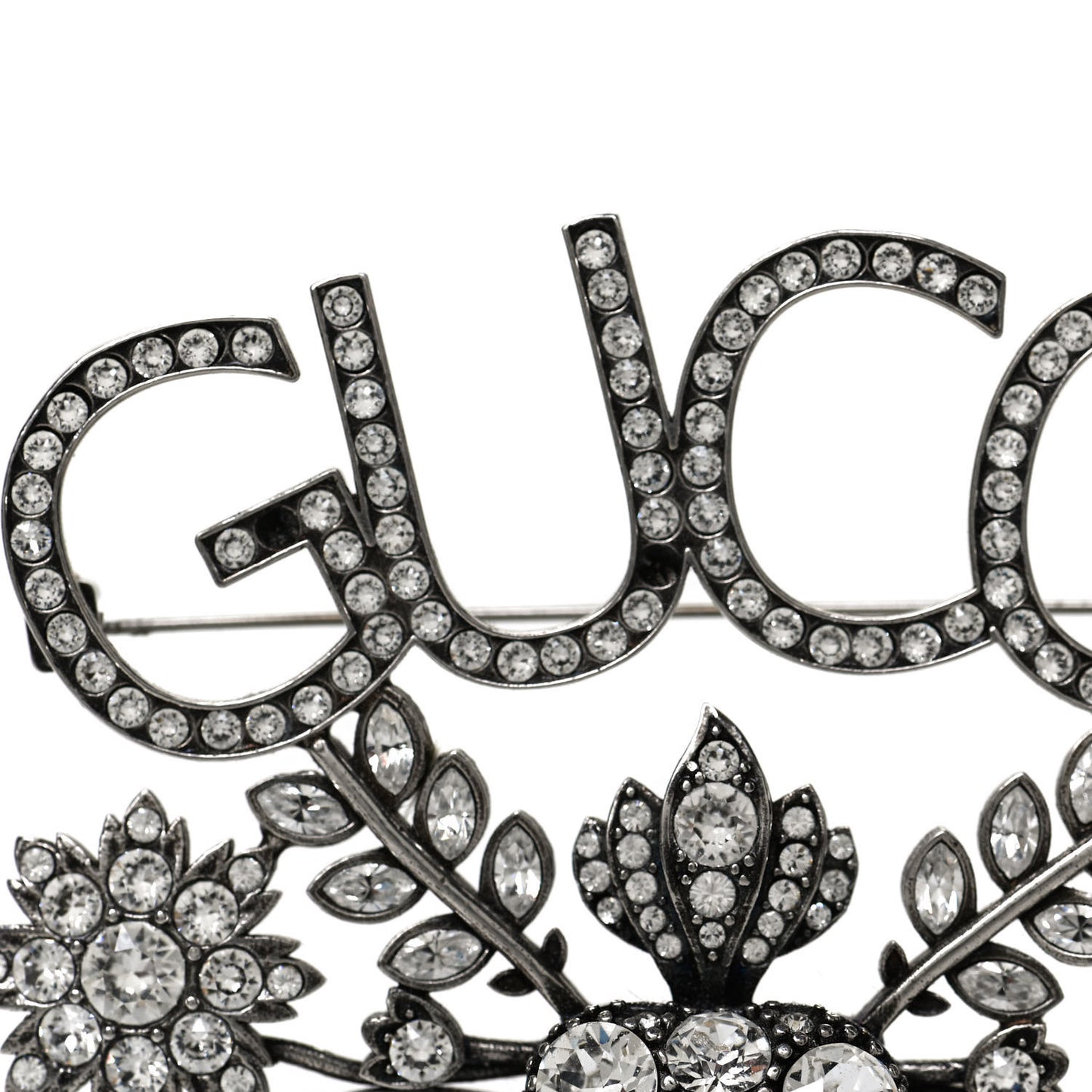 Metal Crystal Guccy Brooch Aged Silver