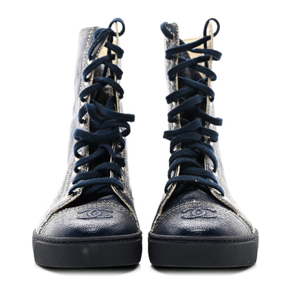 Chanel Coated Canvas Lace Up Combat Boots 37 Navy 2 of 8