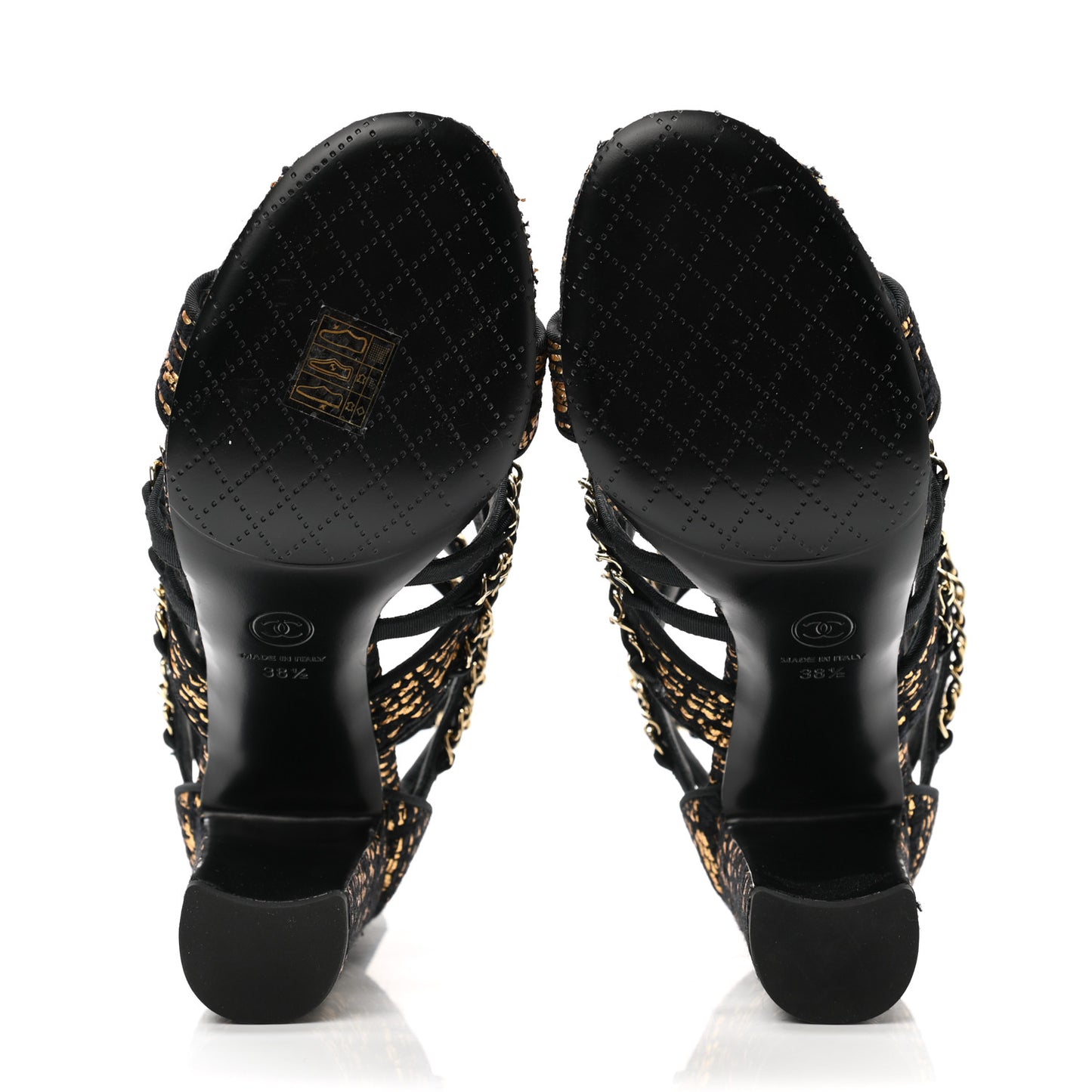 Metallic Tweed Gladiator Chain Sandals 38.5 Black Gold