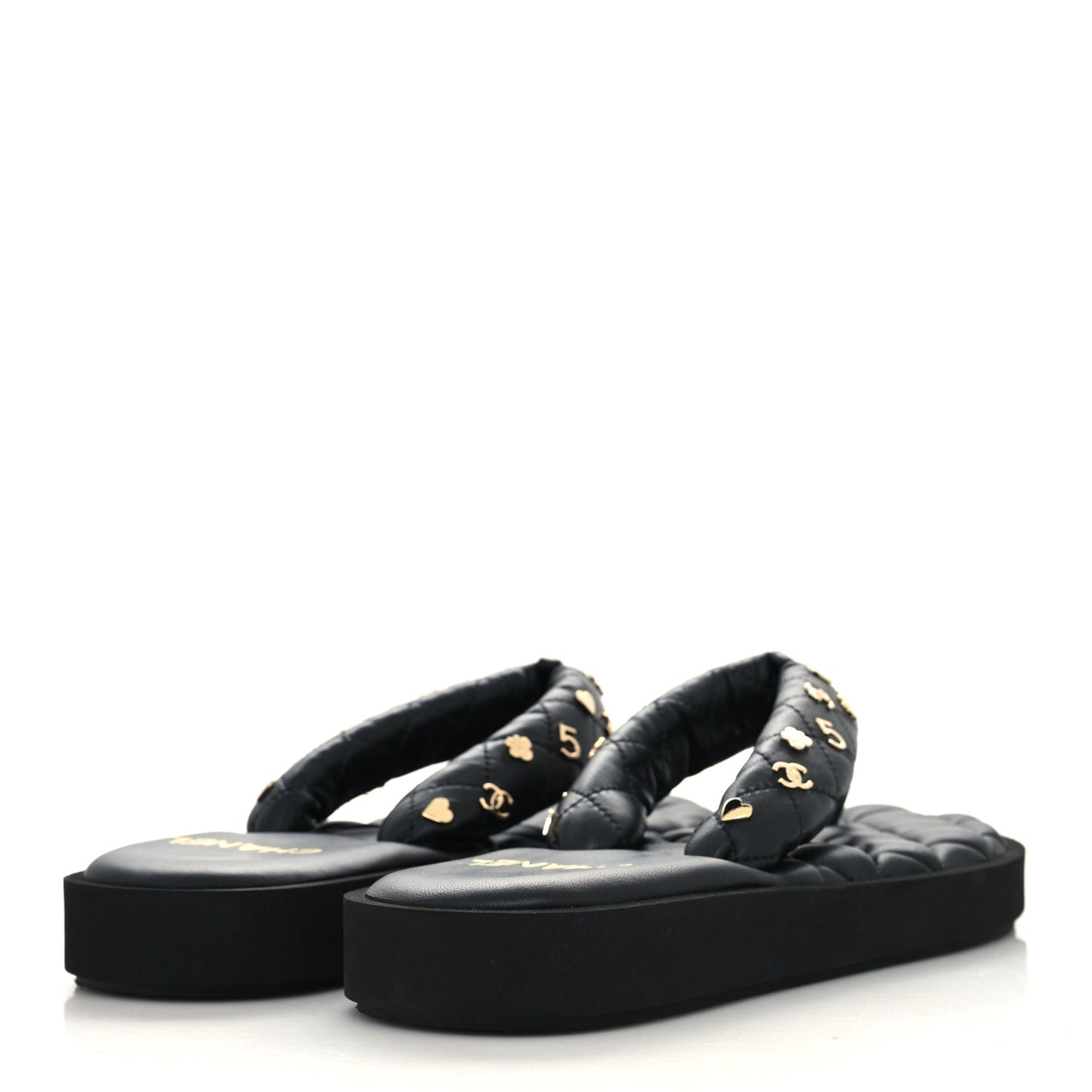 Lambskin Quilted Padded Charms Thong Sandals 40 Black