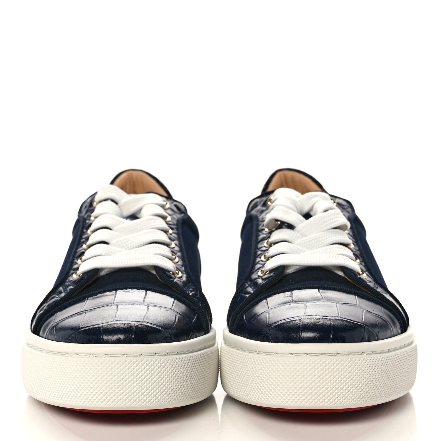 Christian Louboutin Calfskin Crocodile Embossed Mens Louis Junior Flat Sneakers 8 Navy 2 of 8