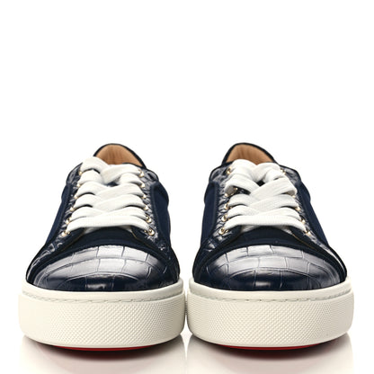 Christian Louboutin Calfskin Crocodile Embossed Mens Louis Junior Flat Sneakers 8 Navy 2 of 8