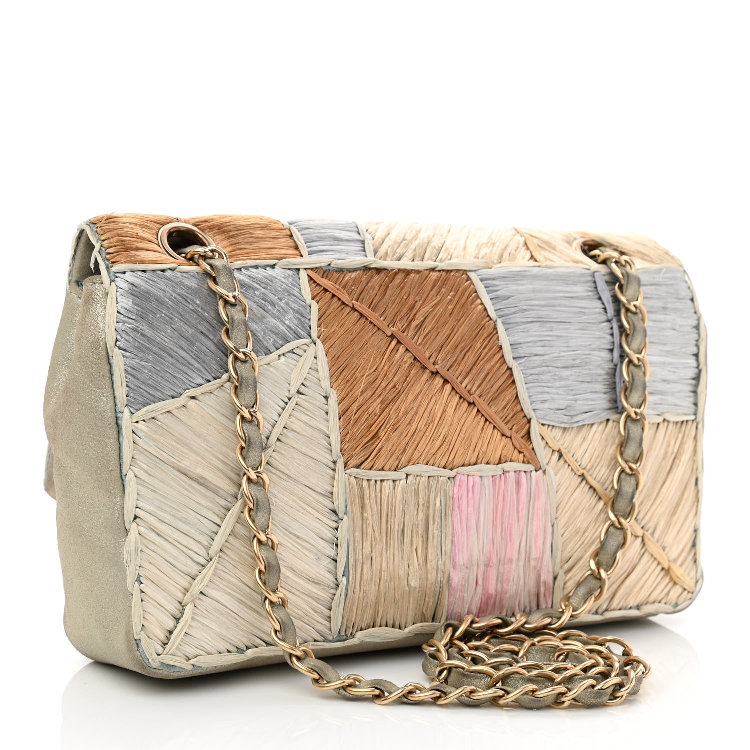 Chanel Metallic Woven Raffia Patchwork Single Flap Green 3 of 11
