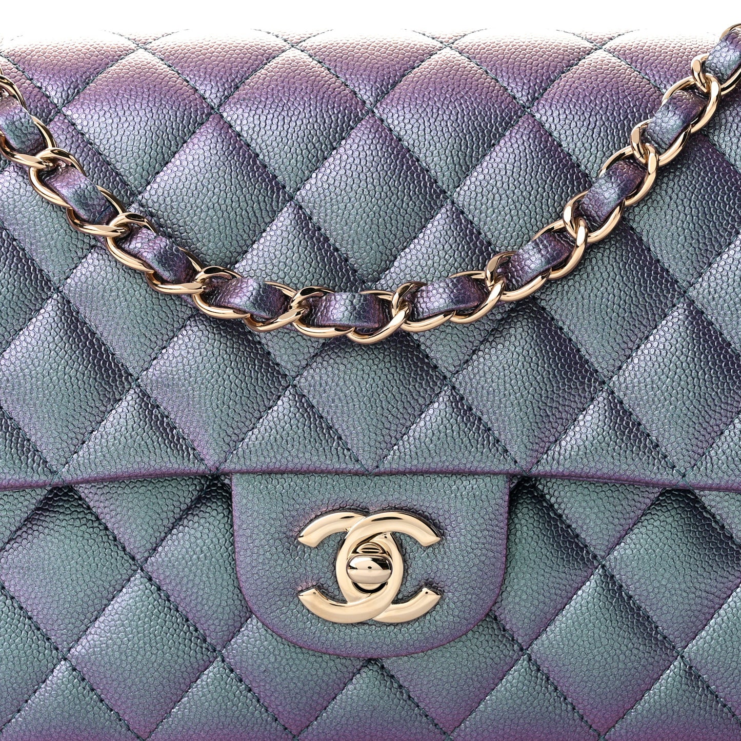 Iridescent Caviar Quilted Medium Double Flap Dark Blue