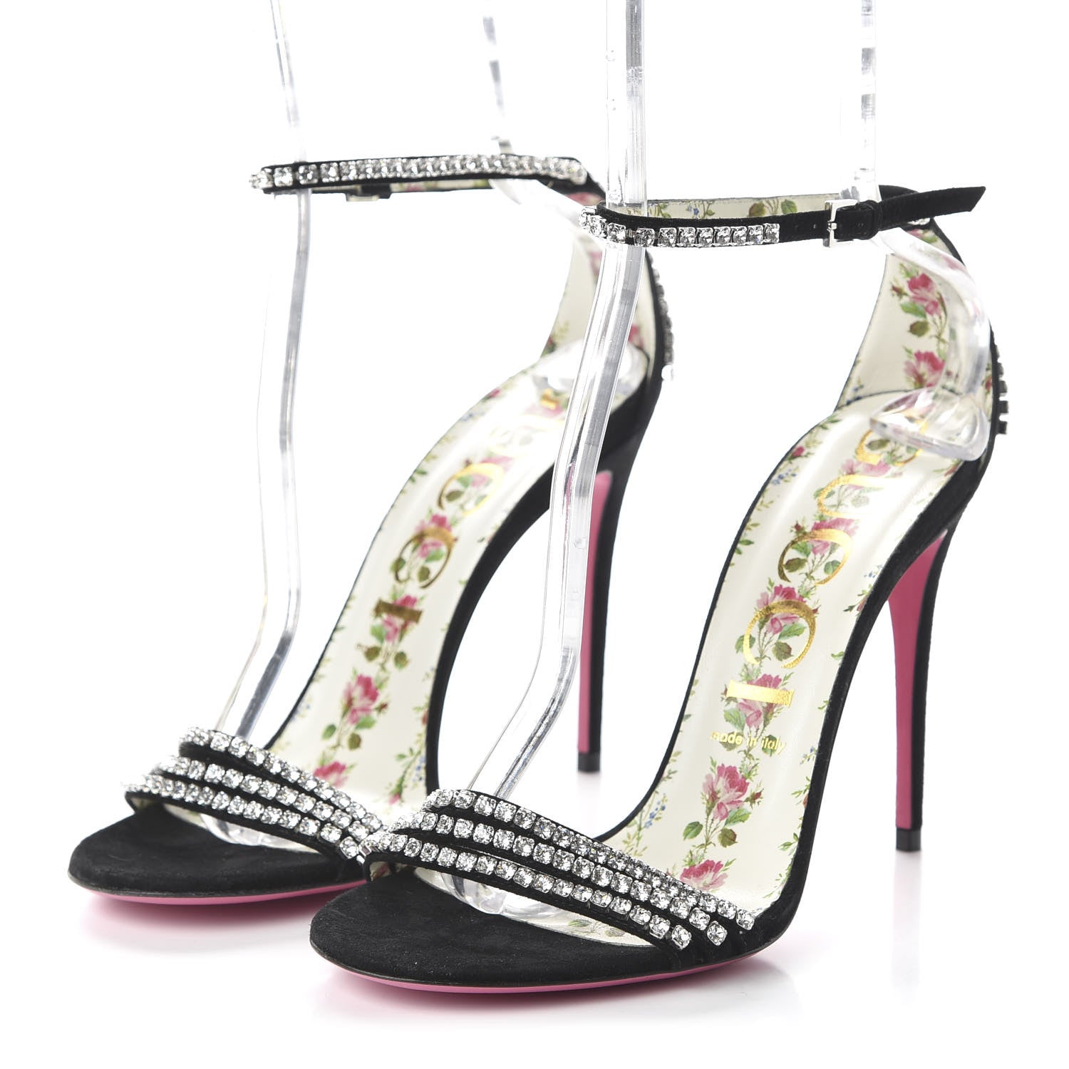 Gucci Kid Scamosciato Crystal Ankle Strap High Heel Sandals 40 Black 3 of 8