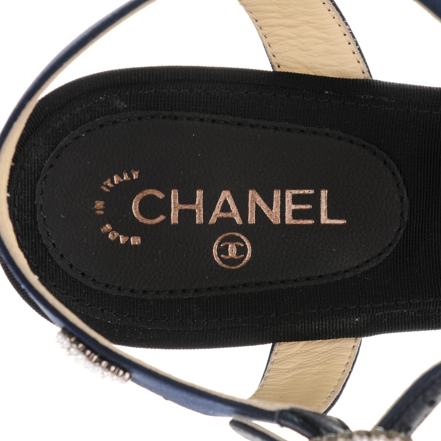Chanel Satin Pearl Sandals 36.5 Navy Black 7 of 8