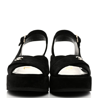 Chanel Suede Calfskin Peep Toe Wedge Sandals 37 Black 2 of 8