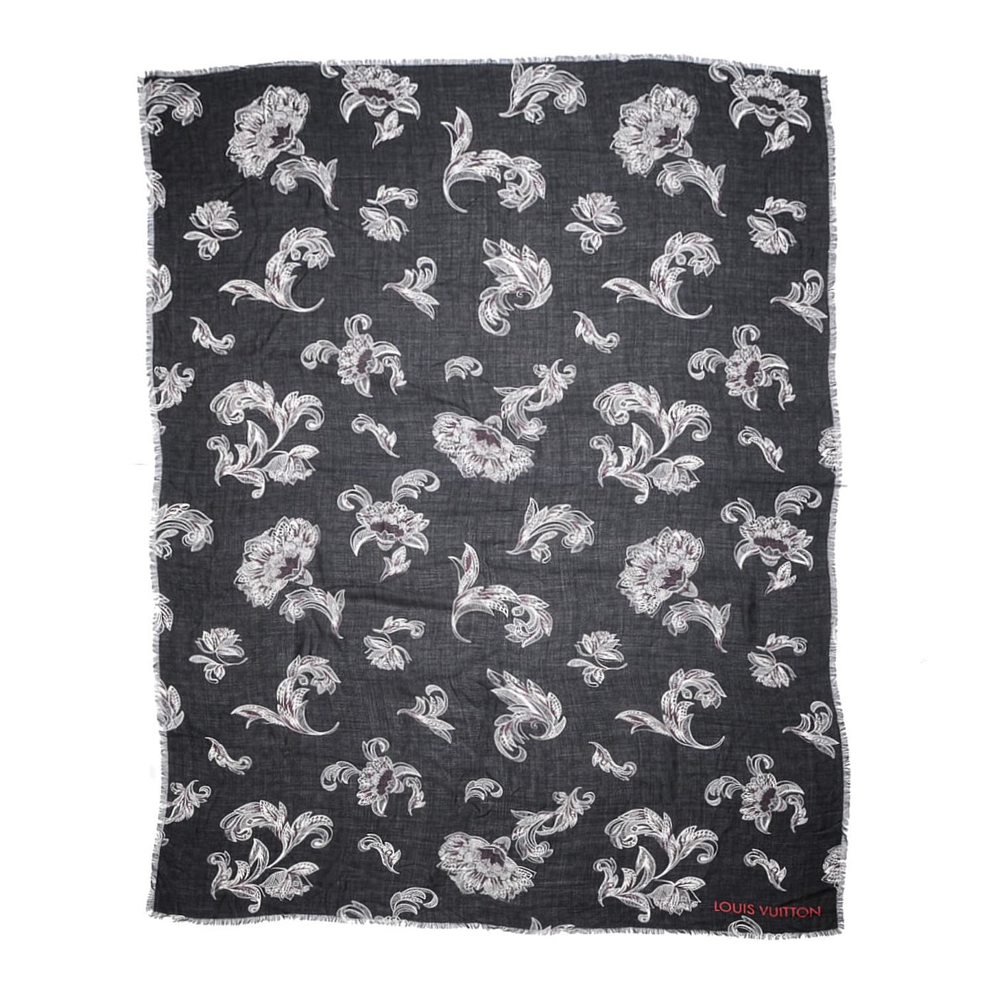 Silk Wool Cashmere Macro Indian Flower Stole Black