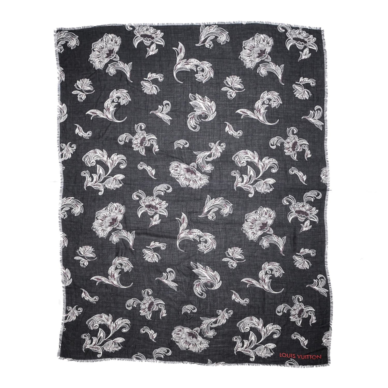 Louis Vuitton Silk Wool Cashmere Macro Indian Flower Stole Black 3 of 6
