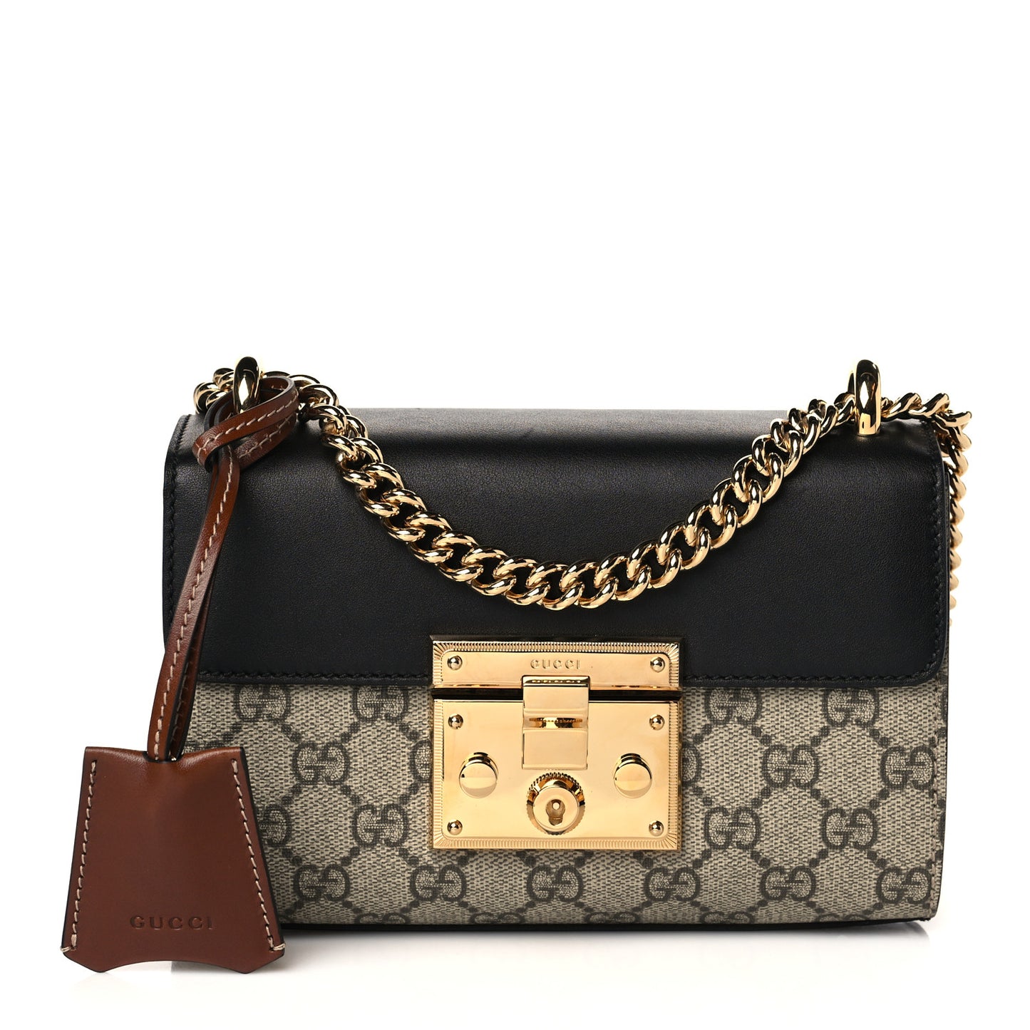 GG Supreme Monogram Calfskin Small Padlock Shoulder Bag Beige Black Cuir