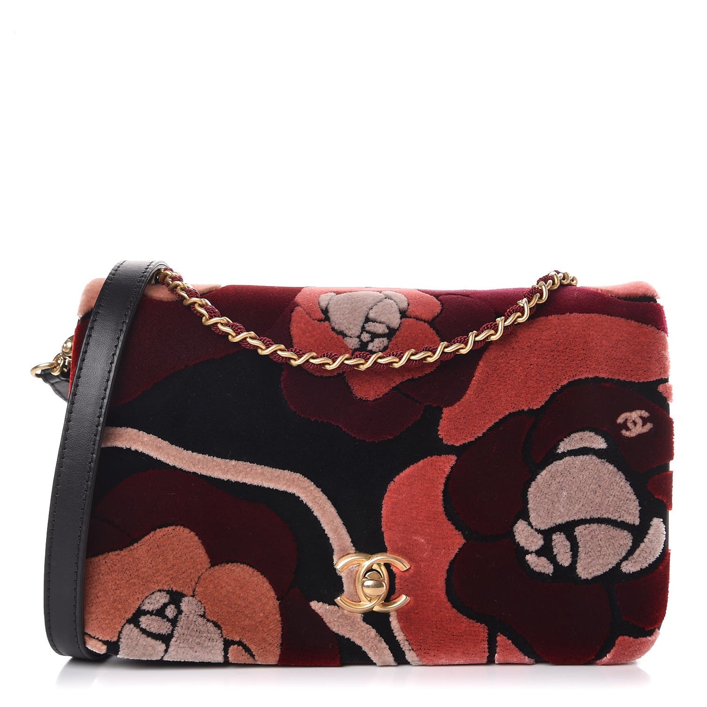 Velvet Lambskin Camellia Flap Black Burgundy