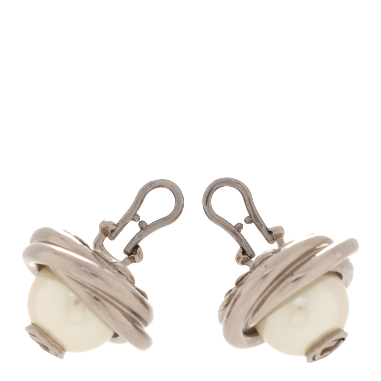Metal Pearl Interlocking G Round Clip On Earrings Silver