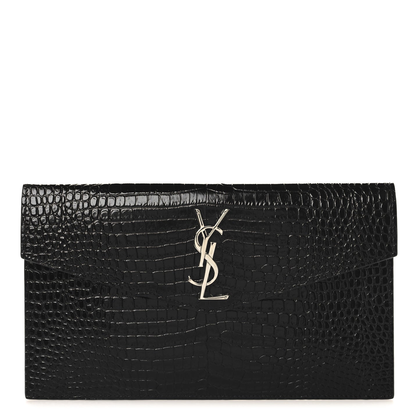 Calfskin Crocodile Embossed Uptown Monogram Clutch Black