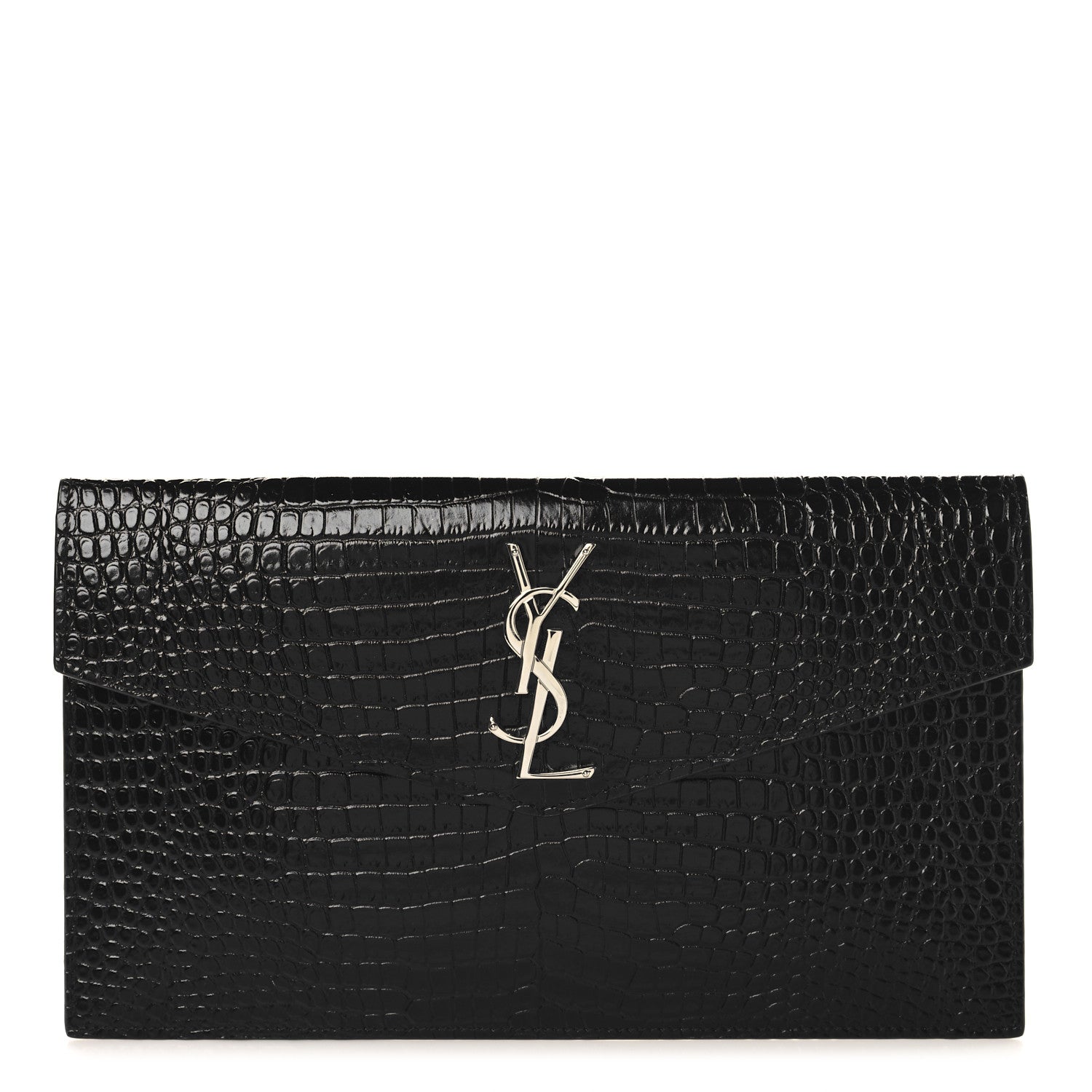 Saint Laurent Calfskin Crocodile Embossed Uptown Monogram Clutch Black 1 of 7