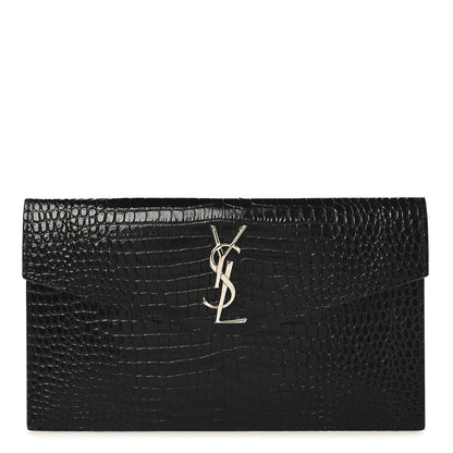 Saint Laurent Calfskin Crocodile Embossed Uptown Monogram Clutch Black 1 of 7