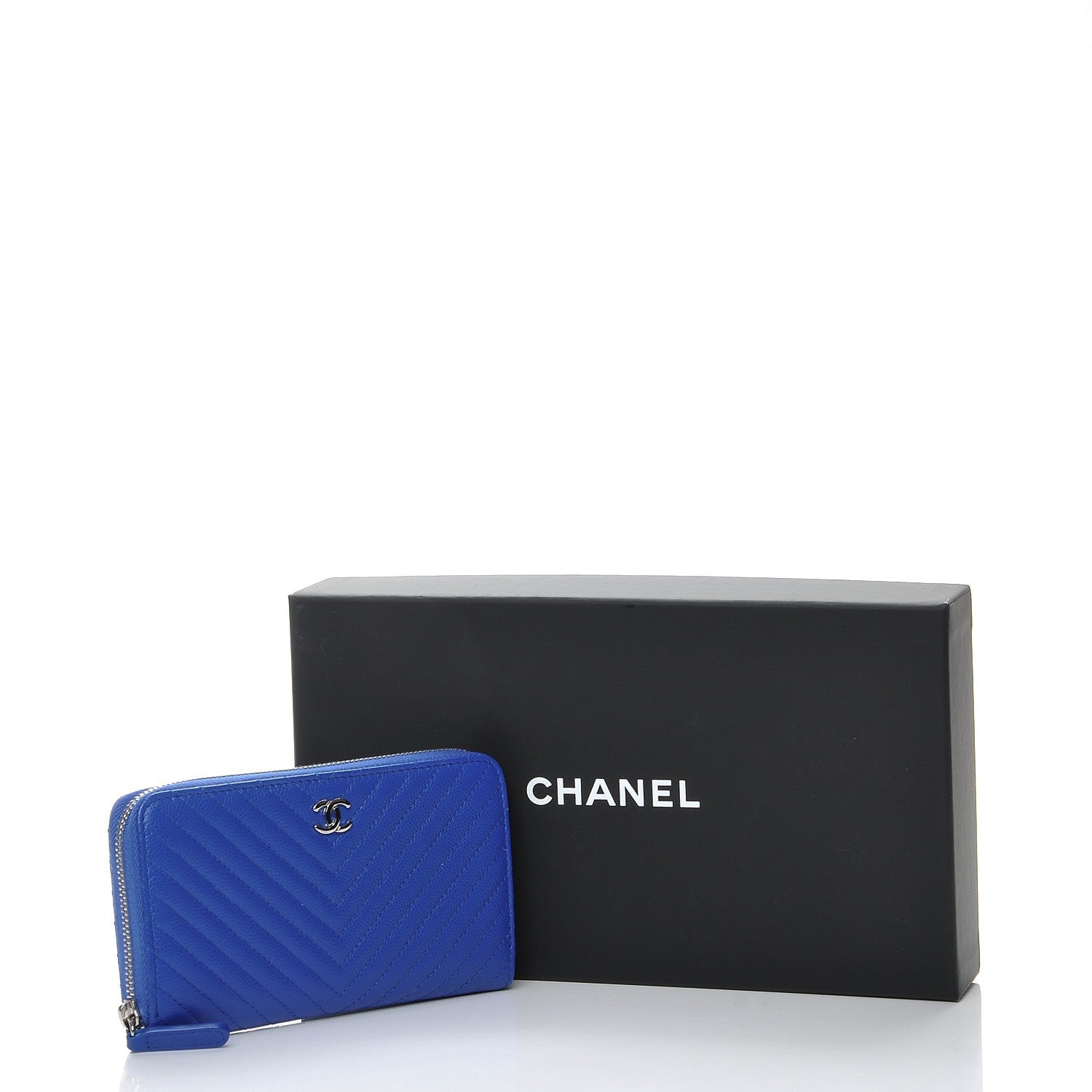 Chanel Caviar Chevron Quilted Small Zip Around Wallet Bright Blue 9 of 9