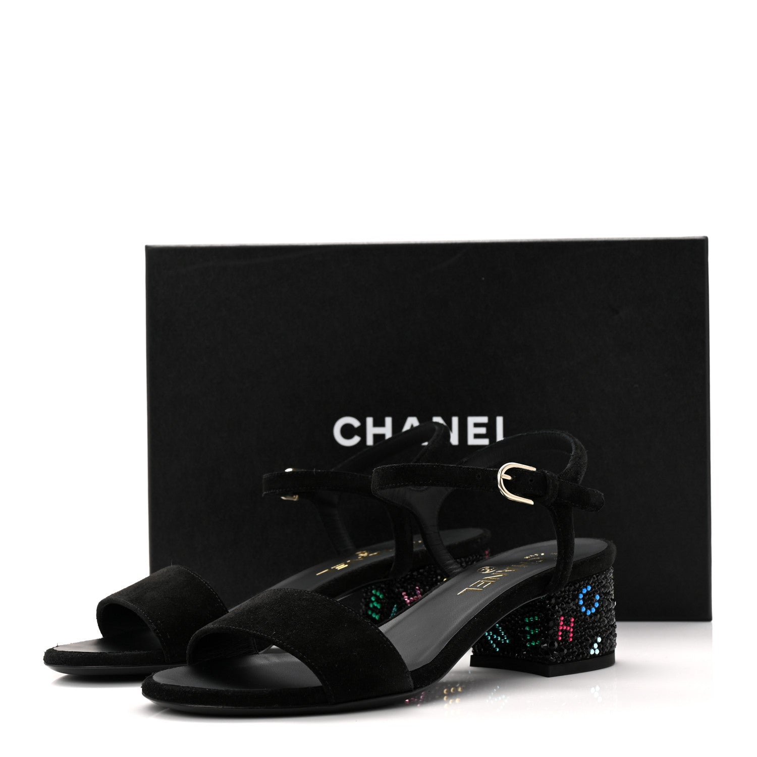 Chanel Suede Strass Ankle Strap Sandals 37.5 Black Multicolor 10 of 10