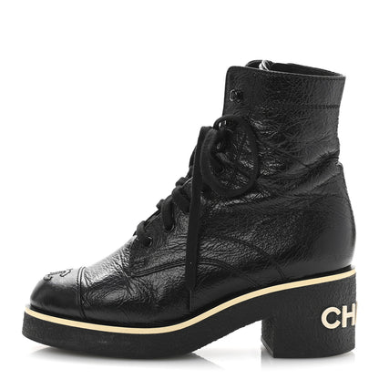 Chanel Shiny Crumpled Lambskin Lace Up Combat Boots 36.5 Black 1 of 10