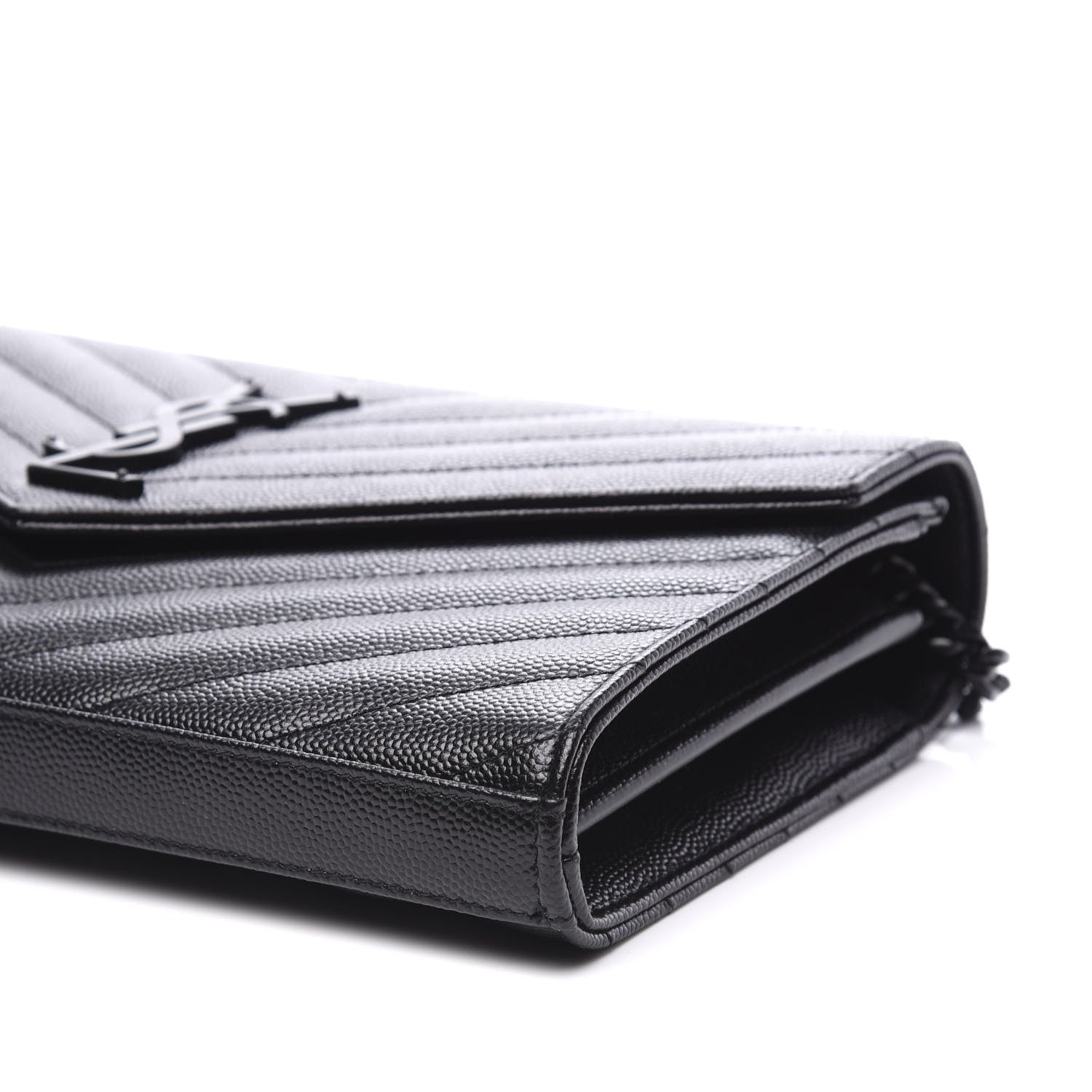 Saint Laurent Grain De Poudre Matelasse Chevron Monogram Chain Wallet Black 6 of 9