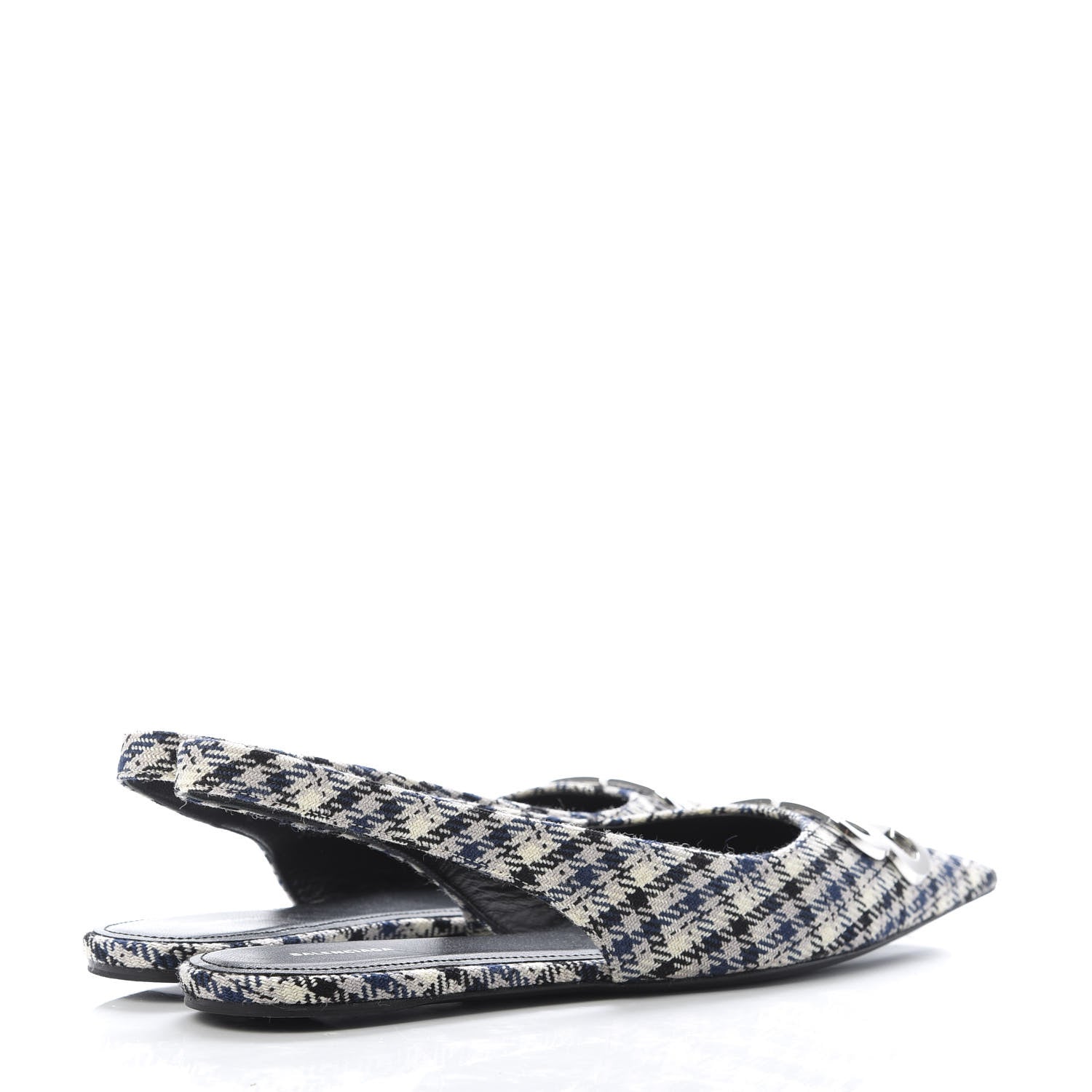 Balenciaga Tweed Prince Of Wales BB Knife Pointy Toe Slingback Flats 39 Beige Navy Silver 4 of 9