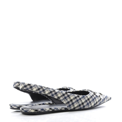 Balenciaga Tweed Prince Of Wales BB Knife Pointy Toe Slingback Flats 39 Beige Navy Silver 4 of 9