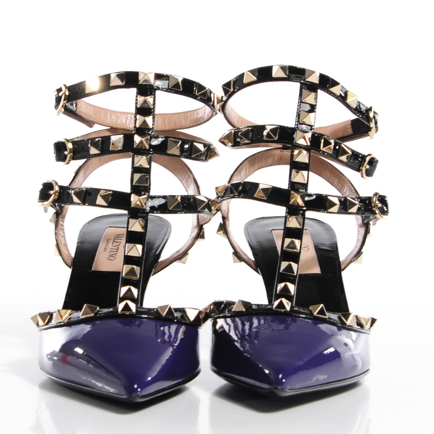Patent Rockstud Ankle Strap Low Heel Pumps 36.5 Purple Black