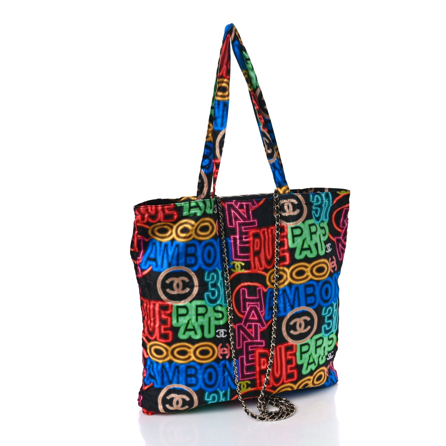 Caviar Fabric Graffiti Foldable Tote Bag With Chain Black Multicolor