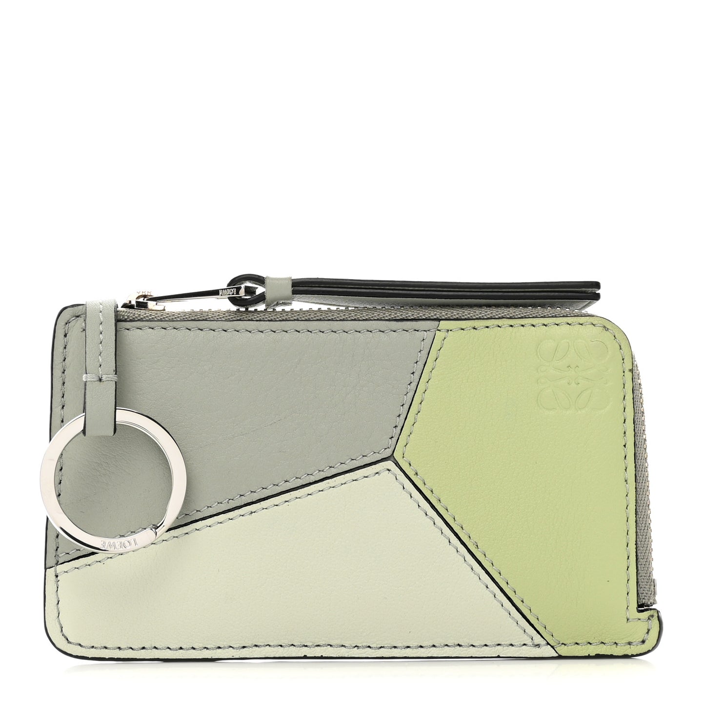 Calfskin Puzzle Colorblock Coin Card Holder Ash Grey Light Celadon