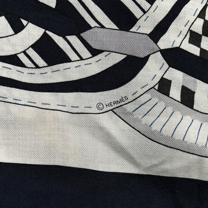 Hermes Cashmere Silk La Selle Imaginaire Shawl 140 Marine White 3 of 4