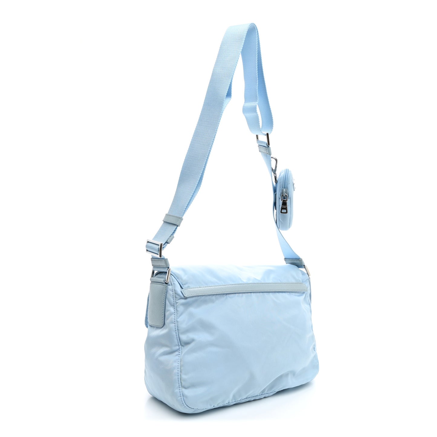 Re-Nylon Vela Saffiano Pocket Double Buckle Messenger Shoulder Bag Celeste