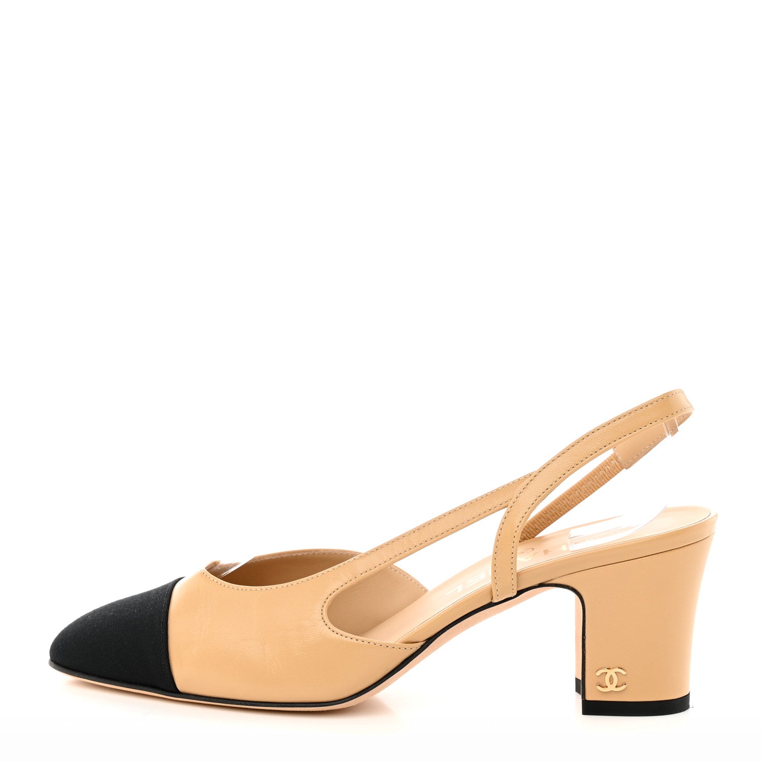 Chanel Goatskin Grosgrain Cap Toe CC Slingback Pumps 37 Beige Black 1 of 11