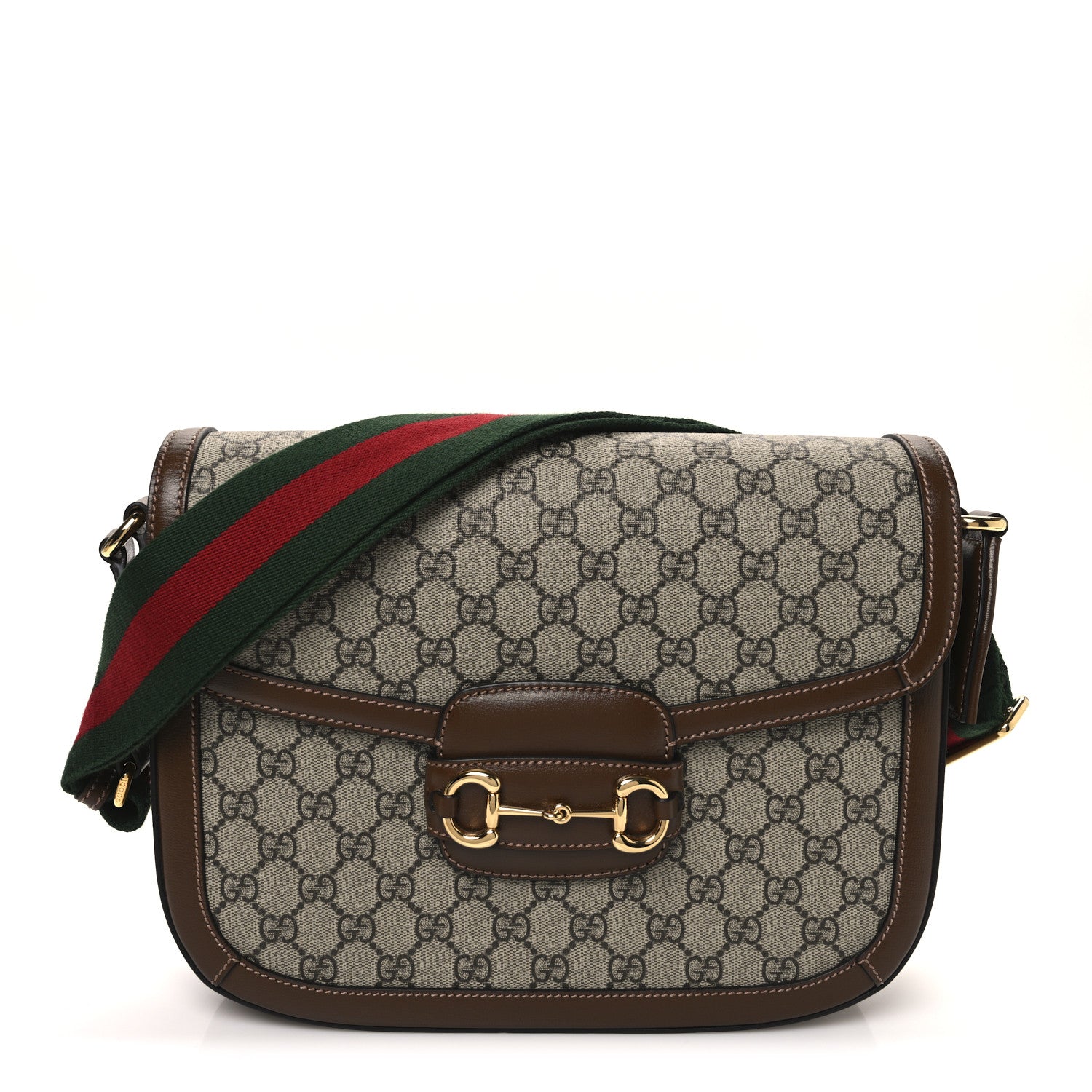Gucci GG Supreme Monogram Azalea Calfskin Web Medium Horsebit 1955 Shoulder Bag Beige Ebony Brown Sugar 1 of 10