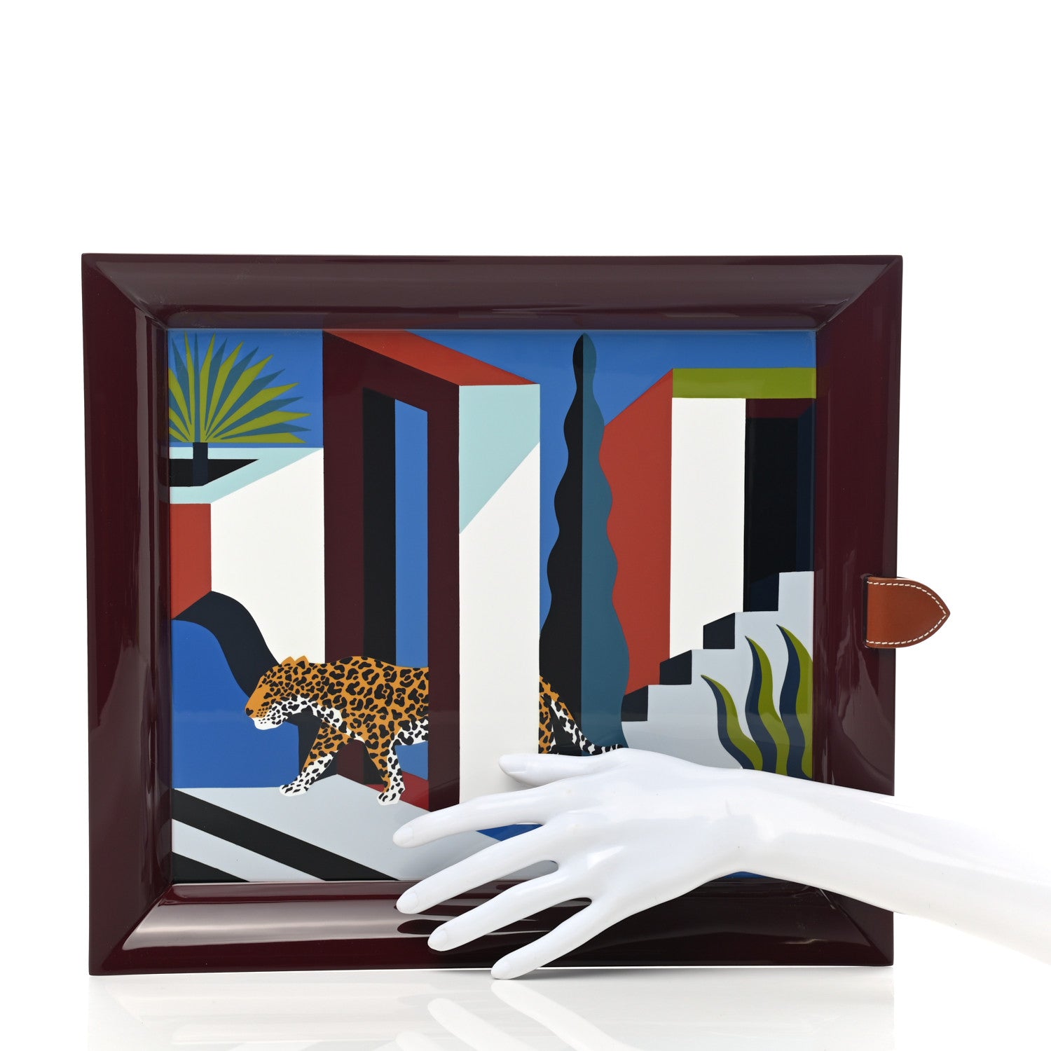 Hermes Lacquered Wood Taurillon Clemence Jaguar Dans Un Jardin Mexicain Tray Lie De Vin 2 of 5