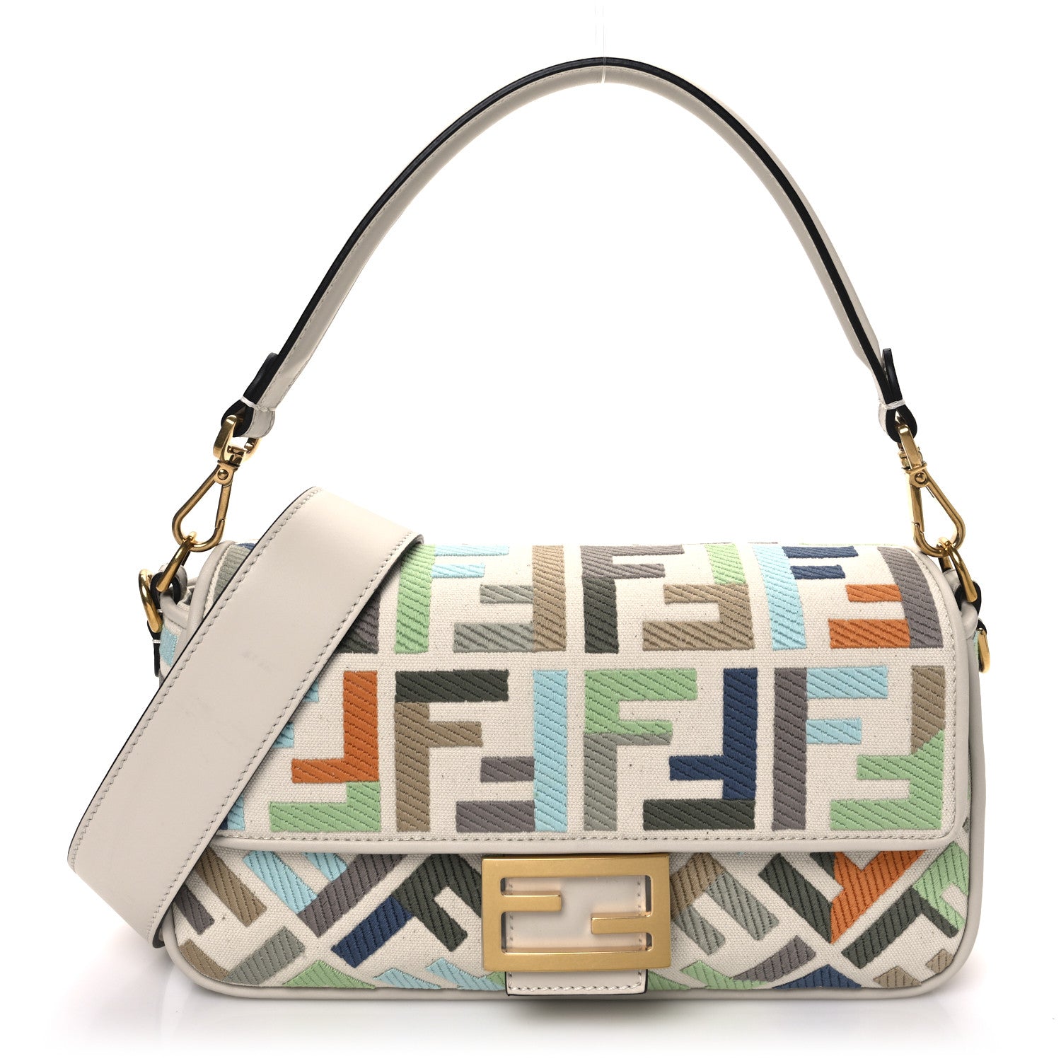 Fendi Canvas Vitello Seta FF Multicolor Embroidered Baguette