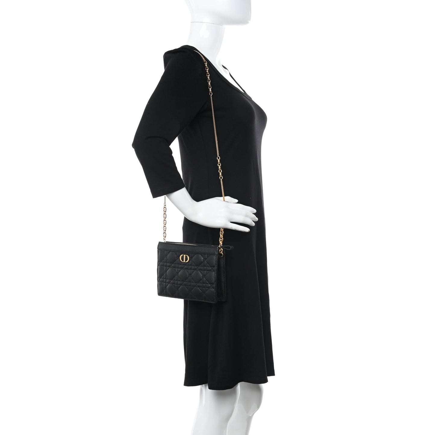 Calfskin Cannage Caro Zipped Pouch With Chain Black