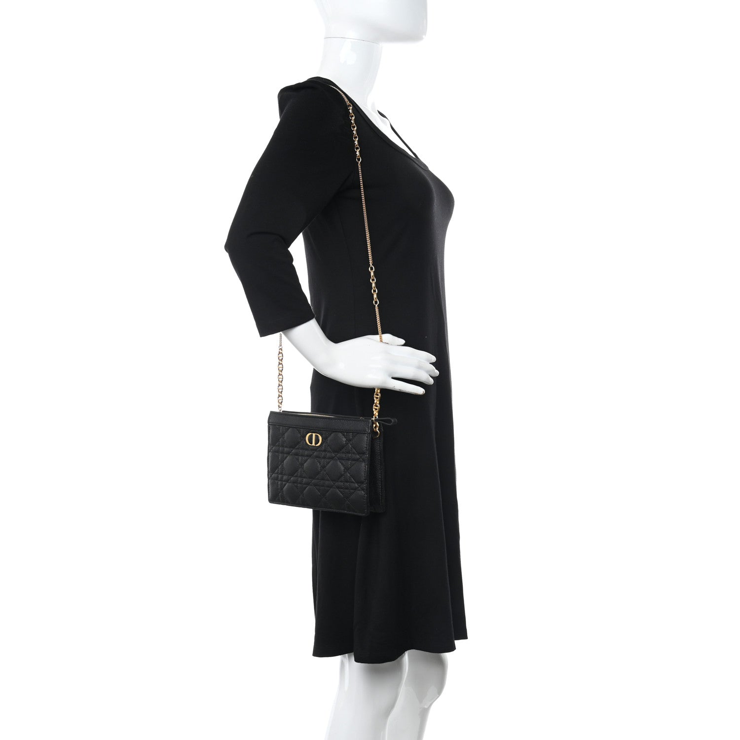 Christian Dior Calfskin Cannage Caro Zipped Pouch With Chain Black 2 of 10