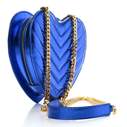 Saint Laurent Metallic Calfskin Matelasse Chevron Monogram Small Love Heart Chain Bag Blue Royal 3 of 10